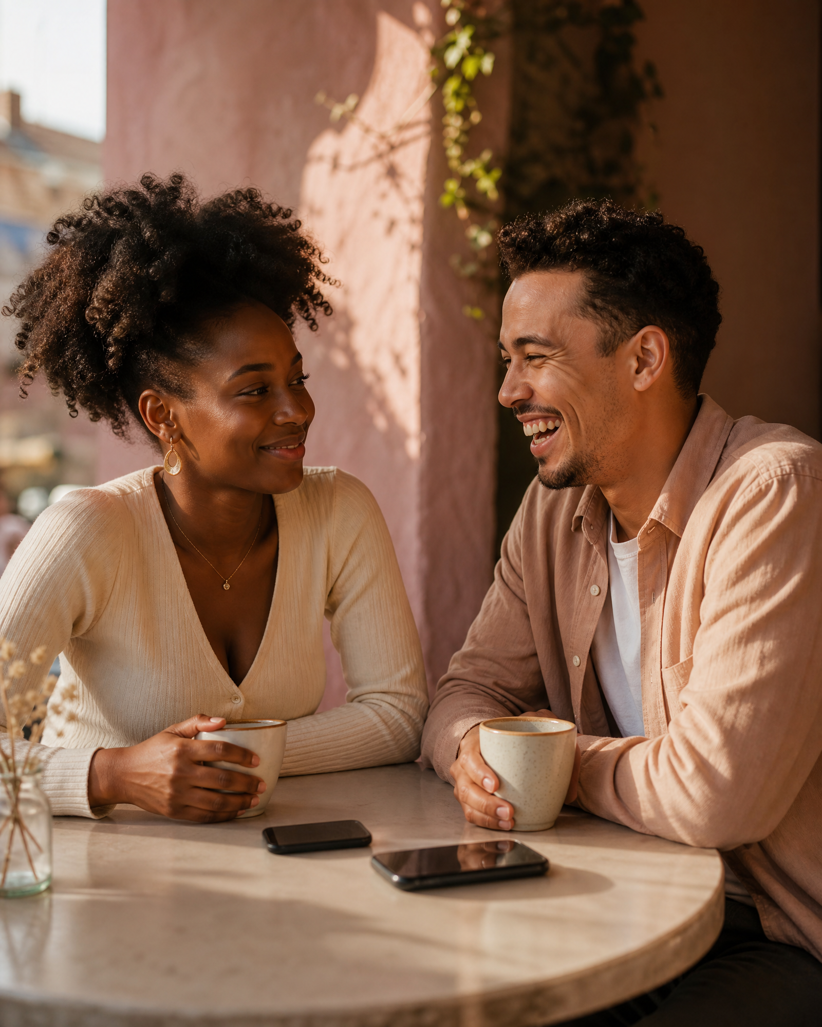 Two people sharing a moment over coffee, their phones placed face-down between them.